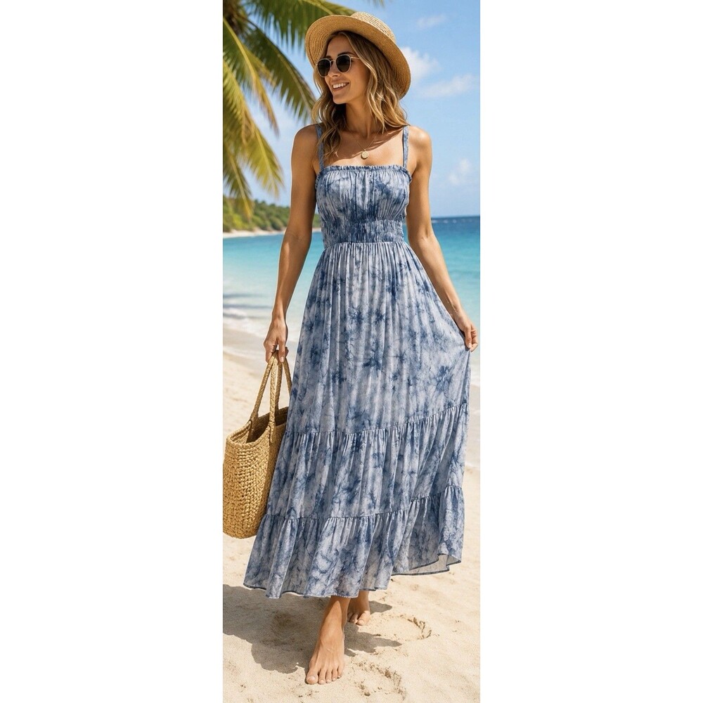 All In Favor Blue Tye Die Maxi Dress Size L Resort Vacation Boho